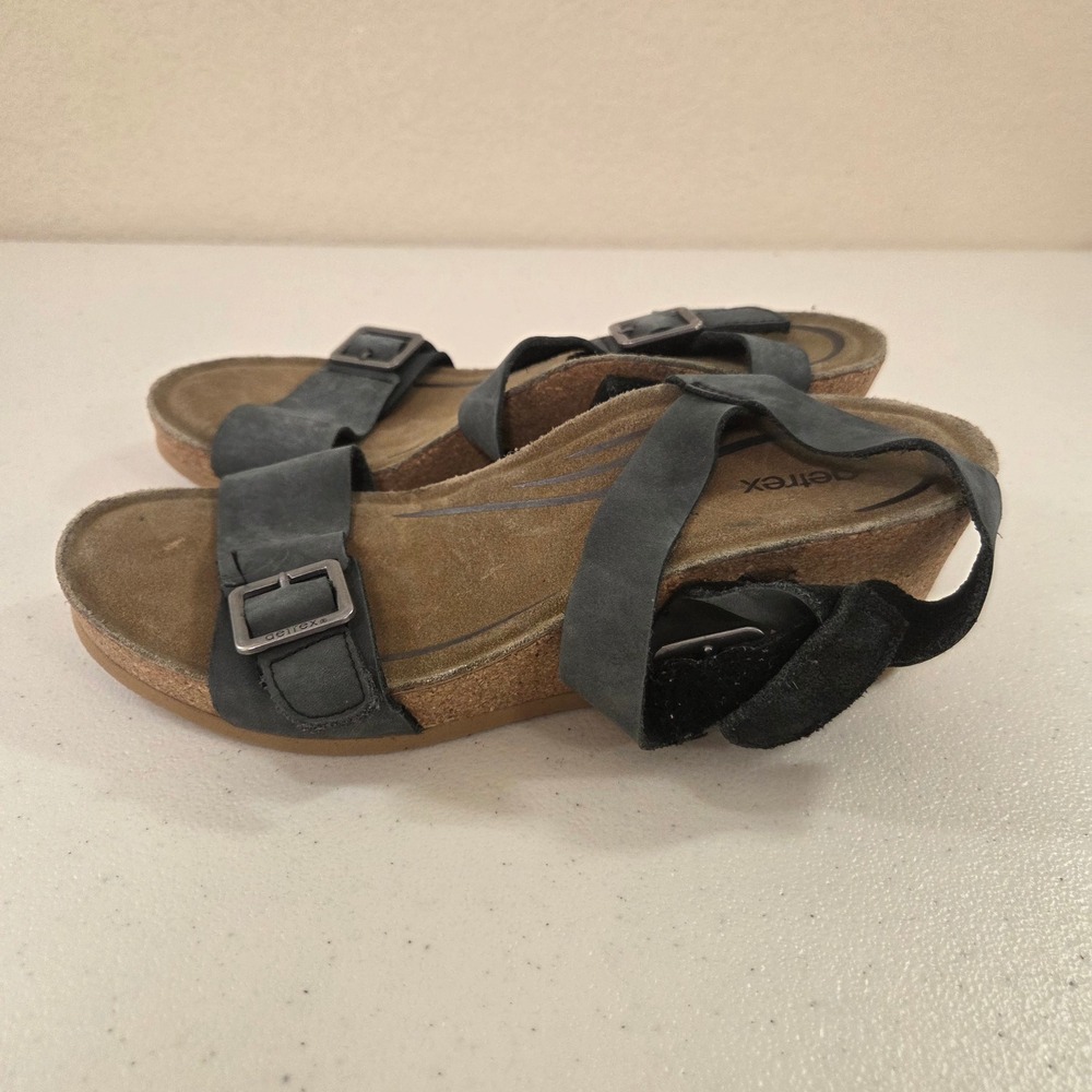 Aetrex Lexa‎ Black Leather Cork Wedge Orthotic Sandals Womens 8-8.5 EU 39